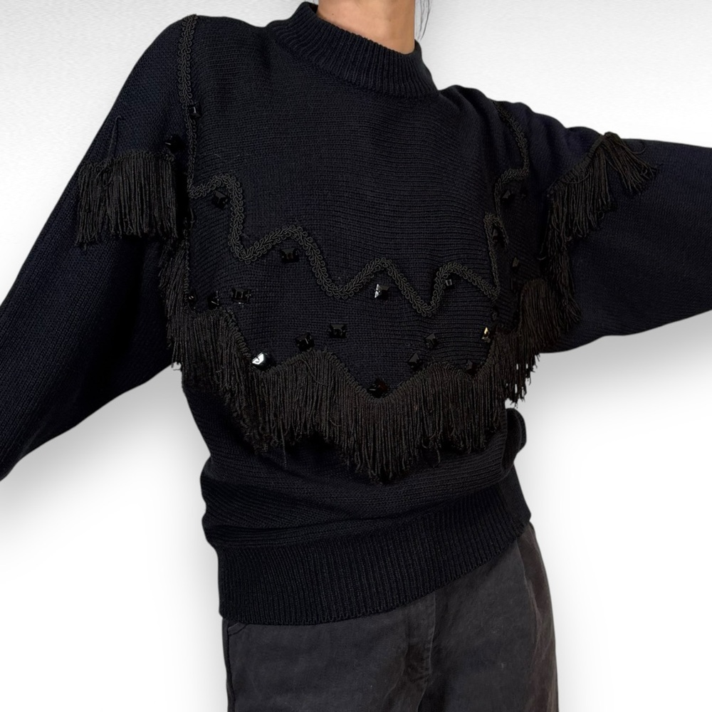 Vintage Fringe Sweater Black Western Whimsigoth Grandma Glam Granny Size Small